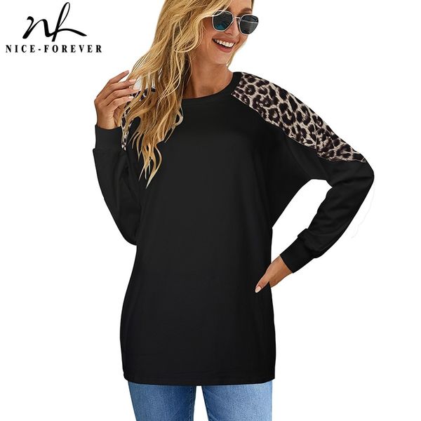 Nice-Forever Primavera Mulheres Moda Leopardo Patchwork Casual t - shirts Oversized Tees Tops Bty222 210419