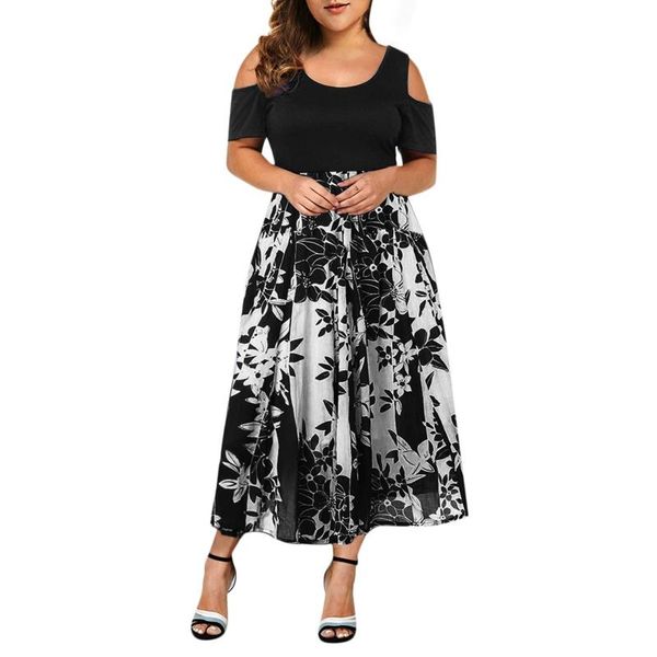 

plus size dresses 2021 plant printed for women round neck waist dress ladies strapless hollow out short-sleeved vestido mujer, Black
