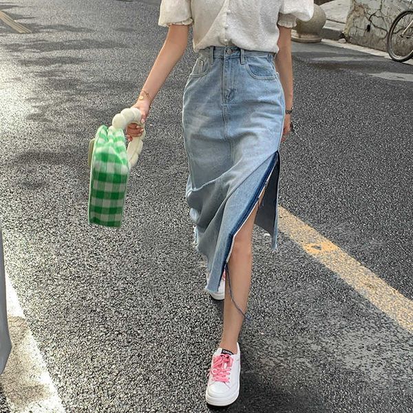 

with washable bai holed denim skirt women's high waist and thin side single split mid length, Black