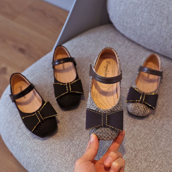 

70% off factory online children's leather shoes 2021 spring new korean fashion girls' shallow mouth bow princess little single, Black