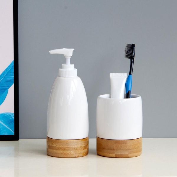 

sv-two-piece ceramic bamboo mouthwash cup brushing bathroom lotion container kitchen tableware dishwashing liquid contai bath accessory set