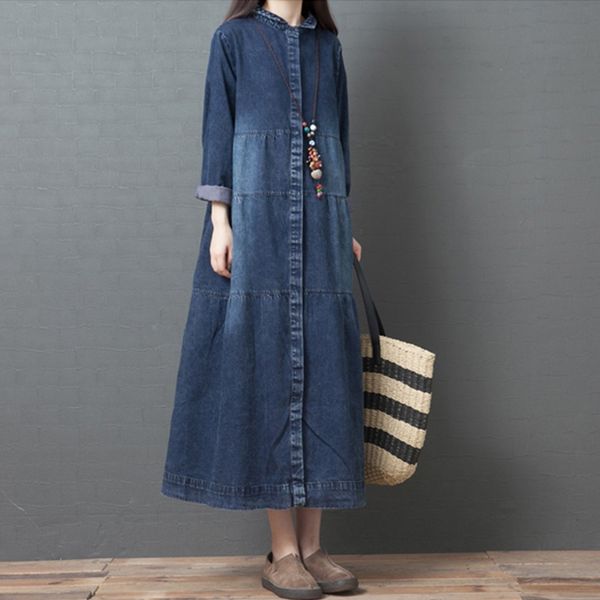 

vintage women denim blue long dress spring lapel neck long sleeve maxi sundress female solid work vestido kaftan dresses 11550, Red