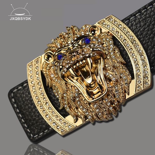 

designer luxury brand belts for men women fashion shiny diamond lion head buckle waist shaper leather belts, Black;brown