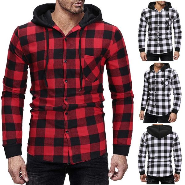 

men's casual shirts plaid print shirt long sleeve single breasted loose hooded vintage korean fashion male blouse, White;black