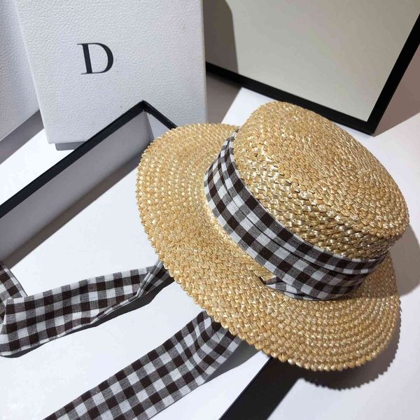 

plaid ribbon windproof and sunshade flat sun hat, Black;white