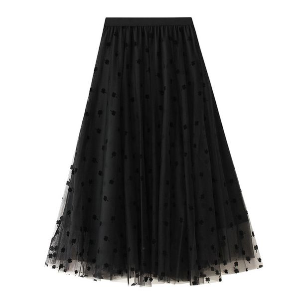 

women skirts a-line pleated long tulle skirt tutu femme high waisted runway soft mesh skirts womens jupe 210524, Black