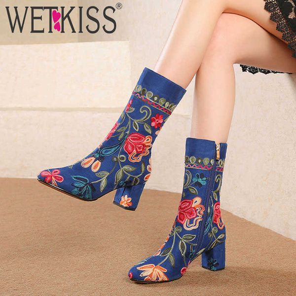 

wetkiss suede short boots women zip square toe footwear thick high heels boots female embroider ethnic shoes woman spring 210630, Black