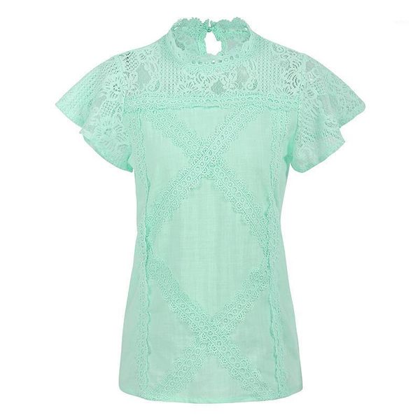 Mulheres Blusa Sólida Crochet Lace Splicing Geométrico Padrão Alto Pescoço De Manga Curta Blusas Elegante Plus Size Tops Camisas Femininas