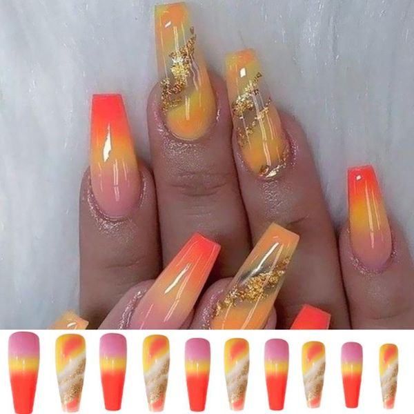 

false nails press on detachable full cover manicure tool wearable fake nail tips gradient long coffin, Red;gold