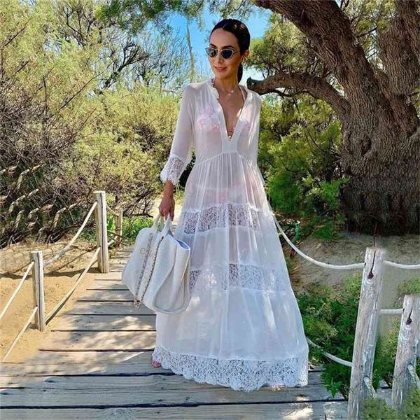 

swimwear cover-ups v-neck summer beach dress white lace tunic women plus size beachwear swim suit cover up q988 210722, White;black