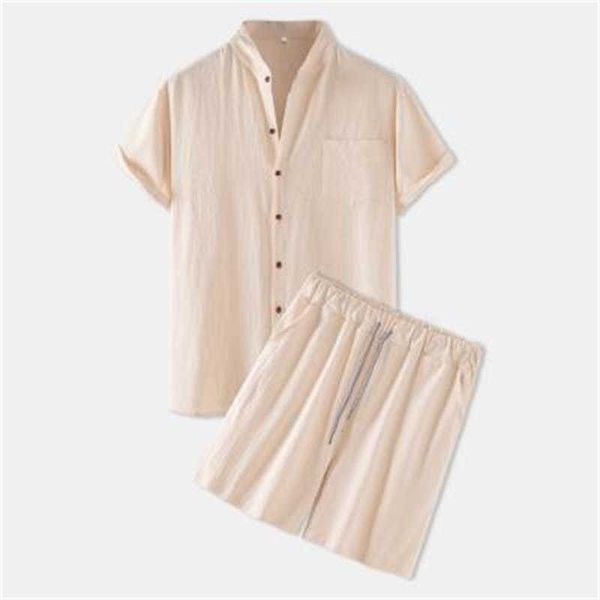 

summer men's cotton hemp casual suit thin loose solid color short sleeve shirt shorts, Gray