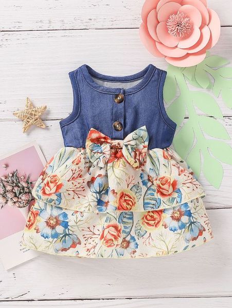 

baby floral print bow front layered hem dress she02, Red;yellow