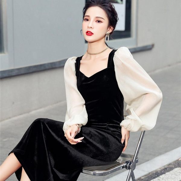 

elegant sheer mesh long sleeve dress casual slim fit pencil women puff patchwork dresses vestido black, Black;gray