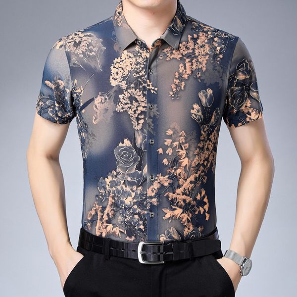 

print shirts men short sleeve rose floral casual mens shirt summer brand camisas oversized work business wedding chemise homme 210524, White;black
