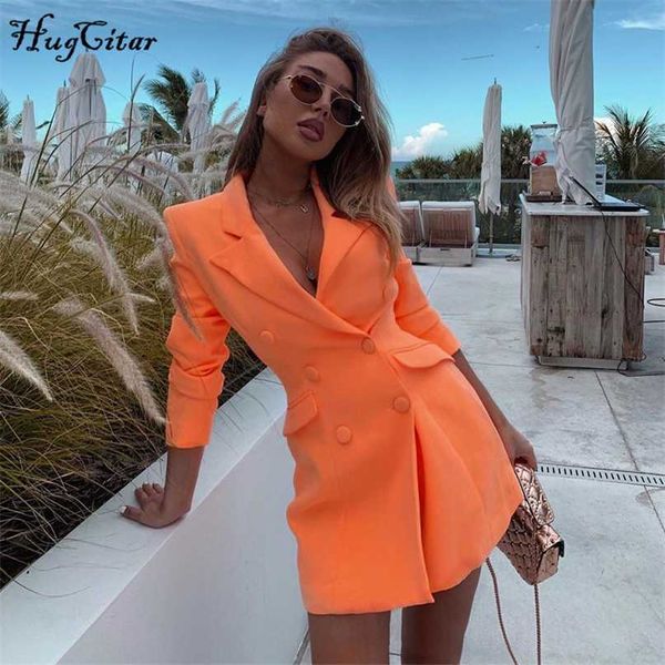 Hugcitar Long Sleeve Slim Blazer Kleid Herbst Winter Frauen Mode reine orange Streetwear Outfits Windschutz 211019