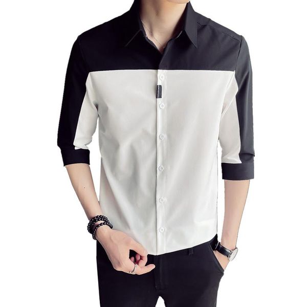 

men business casual half sleeve shirt 2021 summer patchwork male slim fit blouses men's shirts, White;black