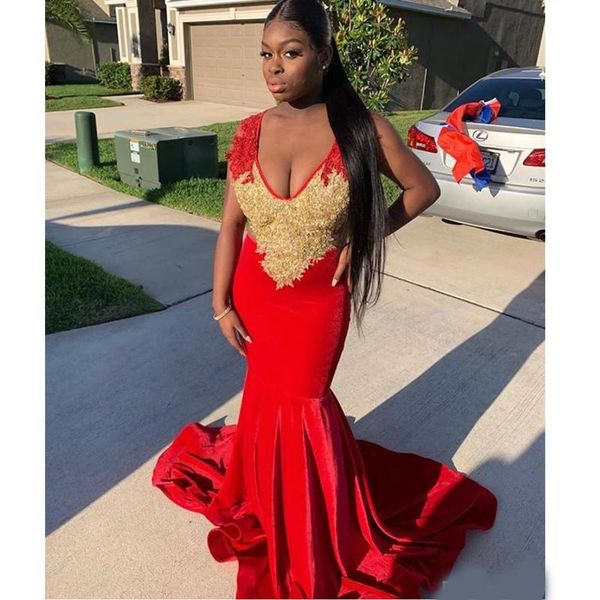 

party dresses red mermaid prom dress african evening formal gold shining sleeveless fishtail long sweep train v-neck satin elegan, White;black