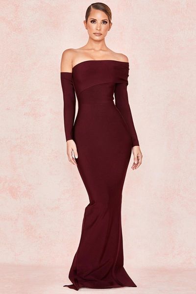 

casual dresses 2021 elegant maxi burgundy women slash neck off shoulder bodycon celebrity evening party bandage, Black;gray
