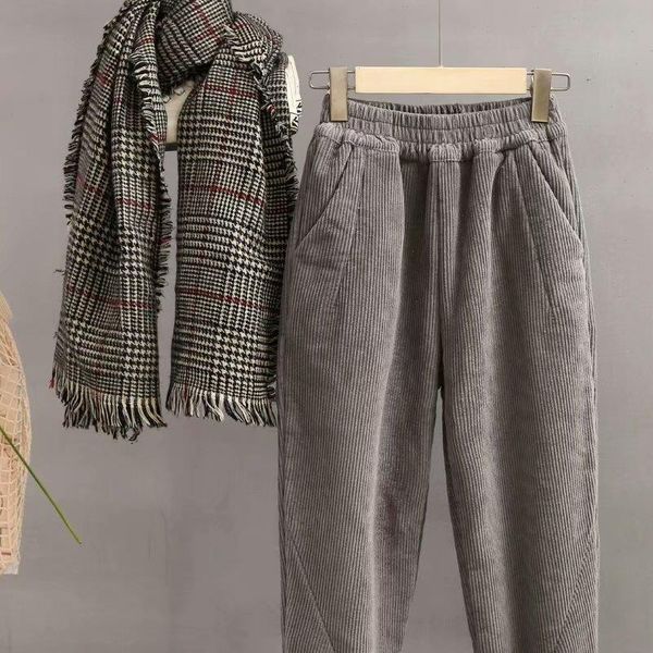 

women womens capris corduroy pants winter autumn thick fleece elastic waist warm solid color casual pockets female trousers, Black;white