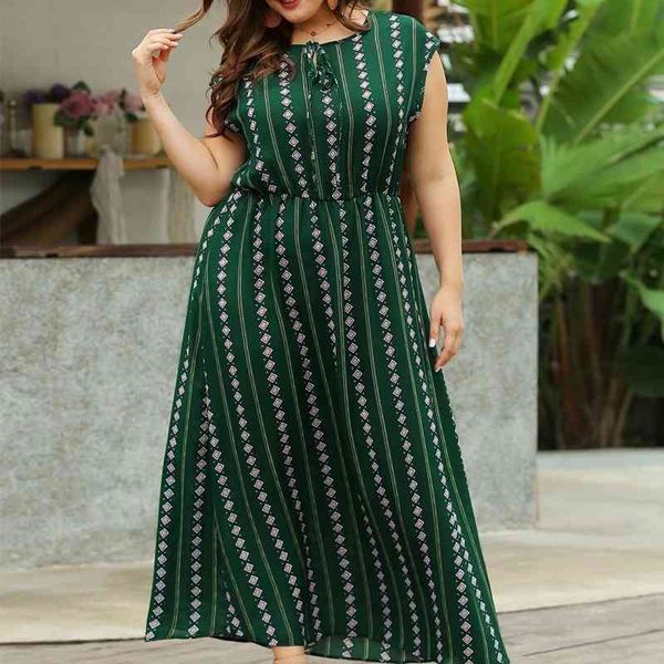 

6xl plus size sleeveless dresses women bohemian office fashion empire casual muslim chiffon geometrical long robes for ladies 210527, Black;gray