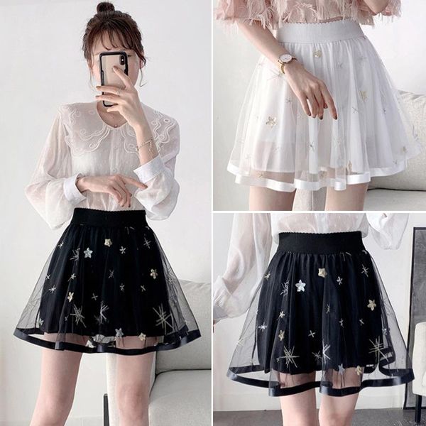 

skirts 2021 summer arrival elastic high waist display mesh skirt simple sweet casual women a-line mini short, Black