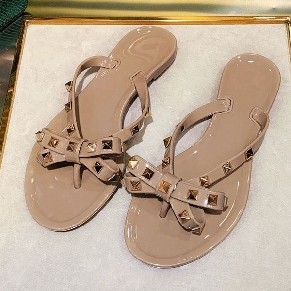 

european and american rivet flat shoes bowknot herringbone slippers women clip slippers women wear beach sandals summer, Black