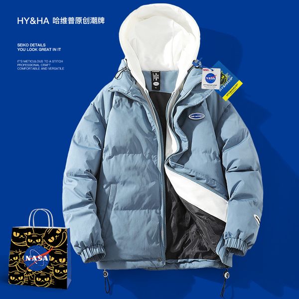 

winter side seam pocket men's solid color loose coat zipper warm casual thickened nasa cotton cloth, Black
