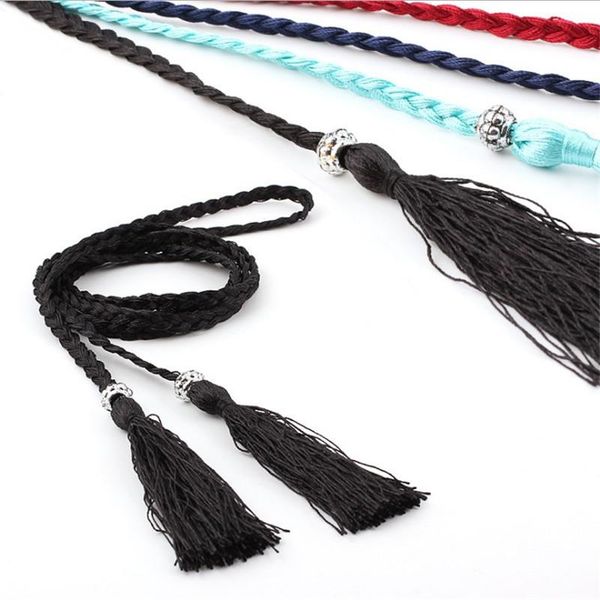 

belts braided thin narrow tassel pu leather waist belt women female for dress jeans waistband fashion ceinture femme, Black;brown