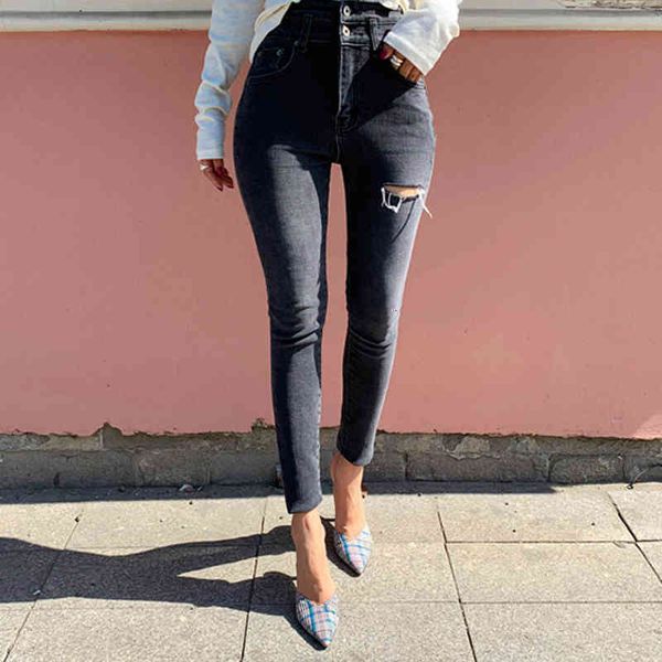 

Women's Jeans Winter Two Buttons Women Ripped Trousers High Waist Slim Pencil Female Denim Stretch Long Pants E351, Blue