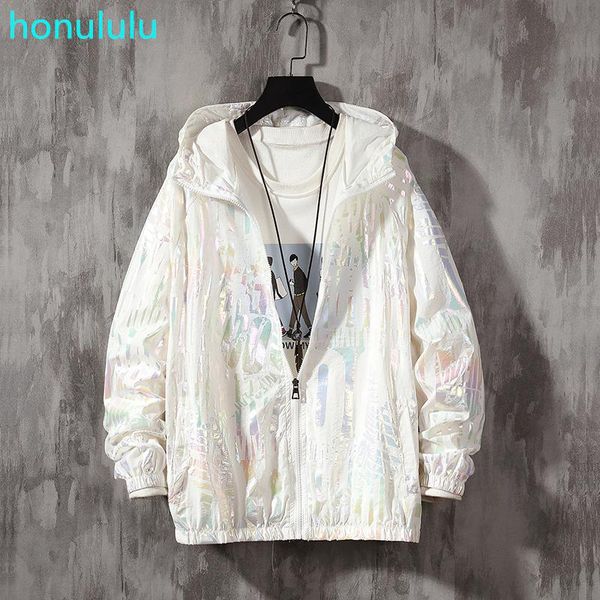 

men's vests high-end glossy reflective hooded dazzling color sunscreen clothing trendy youth outdoor fishing jacket, Black;white