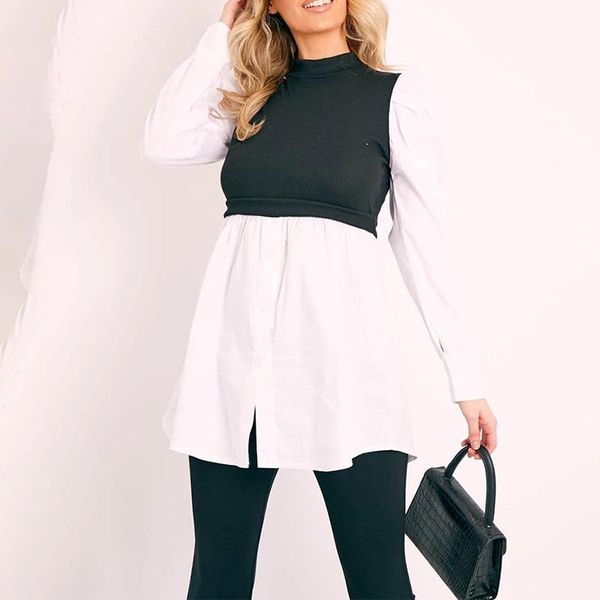 

casual dresses long puff sleeve women's mini shirt o-neck a-line high waist patchwork pullover elegant office lady nice summer, Black;gray