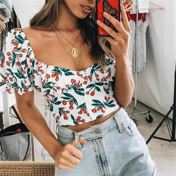 

summer shirt crop women's casual flower print slim short 210430, White
