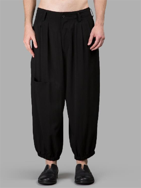 

men's pants spring and autumn hair stylist fashion street loose wide leg black casual knee pocket design elastic