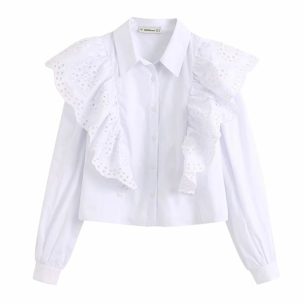Elegante chique branco oco out babus curtas blusa mulheres moda turn-down colarinho tops elegantes senhoras botões camisas 210520