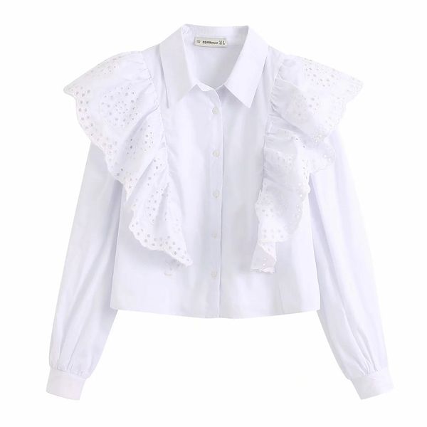 

stylish chic white hollow out ruffles short blouse women fashion turn-down collar elegant ladies buttons shirts 210520