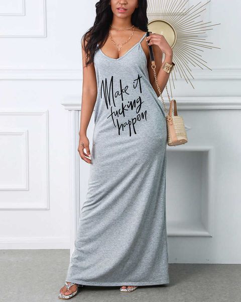

women fashion casual loose overdized maxi dress plus size v neck sleeveless letter printed maxi dress 210716, Black;gray