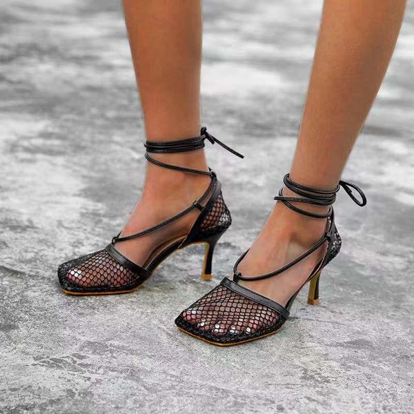

summer fashion women's sandals 2021 mesh pumps female square toe lace up cross-tied stiletto hollow woman shoes, Black