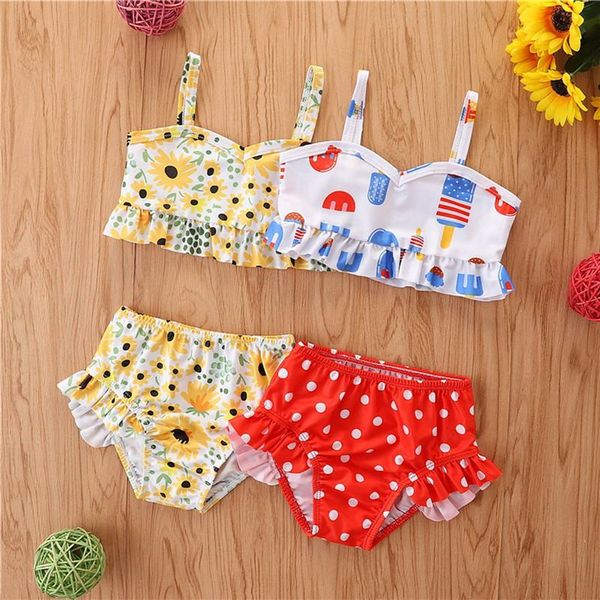 

one-pieces 2 pcs infant bathing suits baby girls sunflower/cartoon print ruffle camisole swimming bottoms beach clothing, Black