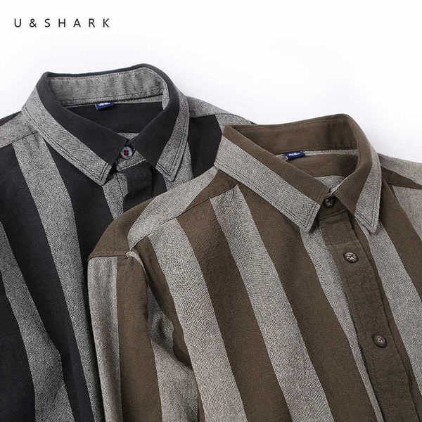 Ushark vertical camisa listrada homens japão elegante elegante camisas casuais masculino solto qualidade algodão quadrado colarinho preto marrom verde 210603