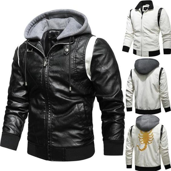 

men's fur & faux 2021 leather jacket coat winter motorcycle biker jackets fashion hooded outerwear high quality, Black
