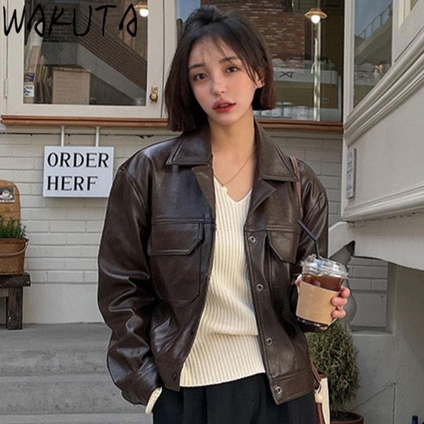 

women's jackets wakuta autumn streetwear casual pu crop puffer jacket women hip hop 2021 elegant harajuku loose faux leather ladies, Black;brown