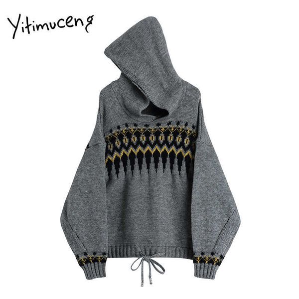 

yitimuceng sweater women plus size winter clothes fall oversized long sleeve hooded pullovers patchwork knitted japanese 210601, White