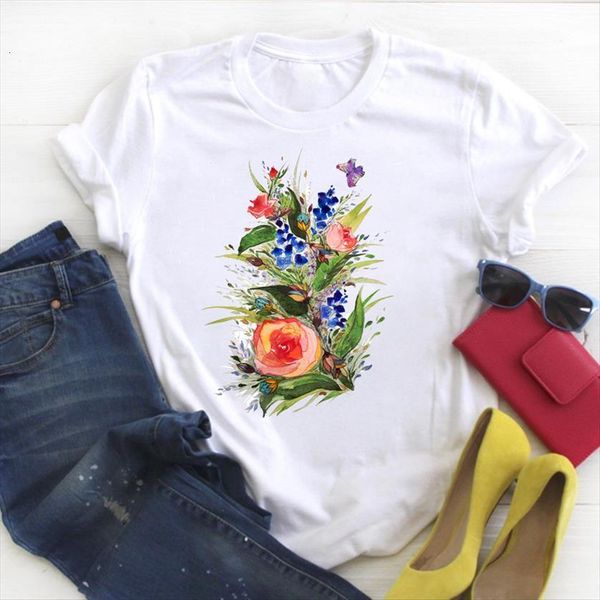 

flower watercolor fashion print womens summer kawaii clothes tees graphic printed female t, White