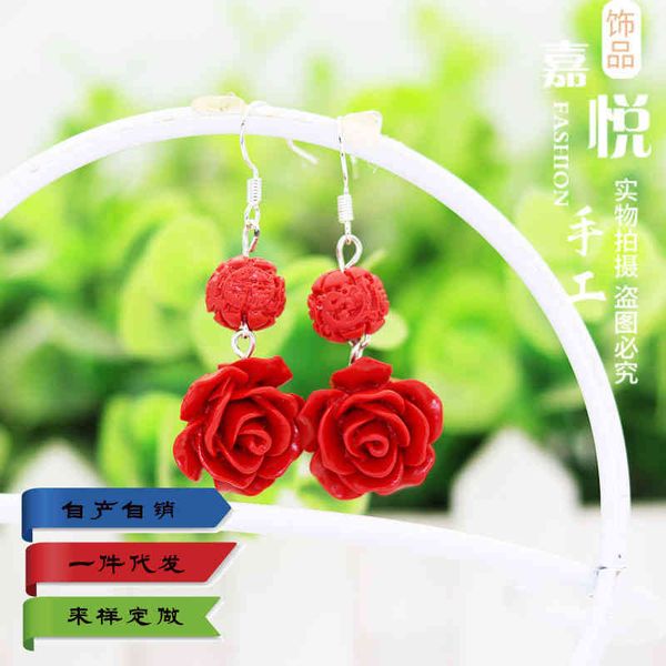 

chinese style products red lacquer carved rose female earrings fashion jewelry