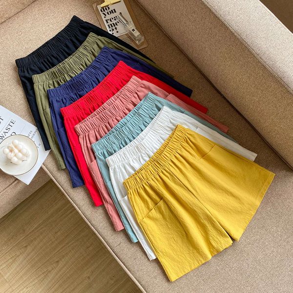 

women summer shorts casual solid cotton linen elastic waist two pockets for girls soft female s-xxl, White;black