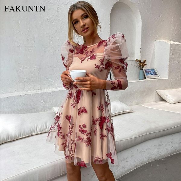 

summer women dress 2021 see-through embroidery casual vintage party puff long sleeve floral dresses clothes, Black;gray