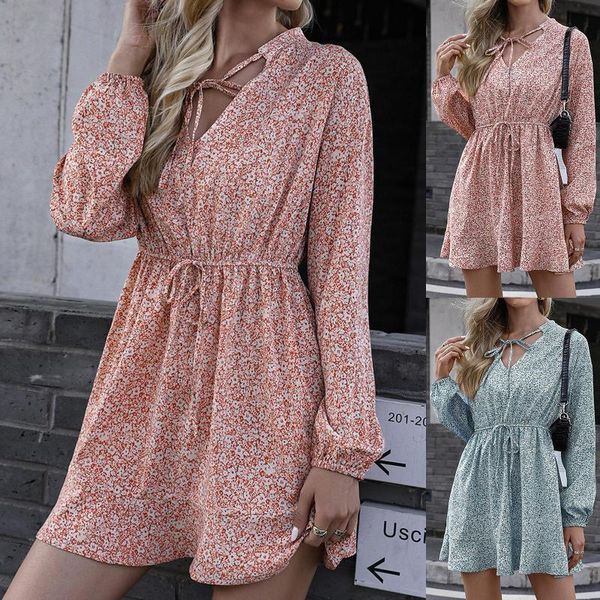 

casual dresses women dress lantern sleeve bow tie floral print vintage long loose vestidos, Black;gray