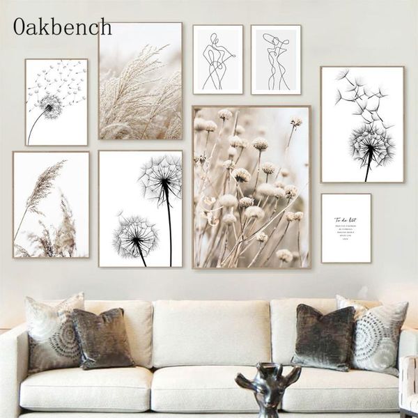 

paintings dandelion wall art line girl prints reed canvas poster plant painting nordic pictures for living room decor