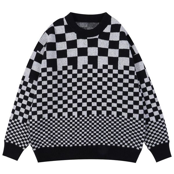 

women's sweaters men women vintage long sleeve round neck knitted sweater, hip hop, streetwear, harajuku cartoon embroidery, checkerboa, White;black