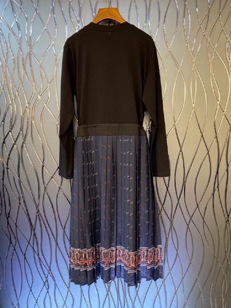 

dresses autumn fashion cotton women o-neck vintage print drawstring waist long sleeve mid-calf pleated, Black;gray